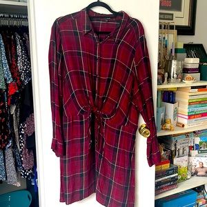 Plaid front tie button down shirt dress long sleeve